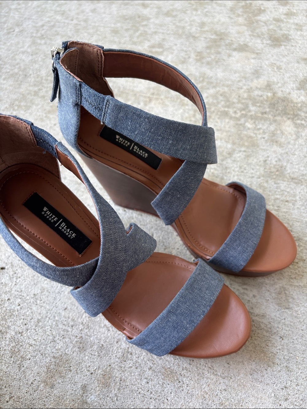 White House Black Market Chambray Crisscross Wedge Sandals - Blue and Brown - Picture 15 of 15